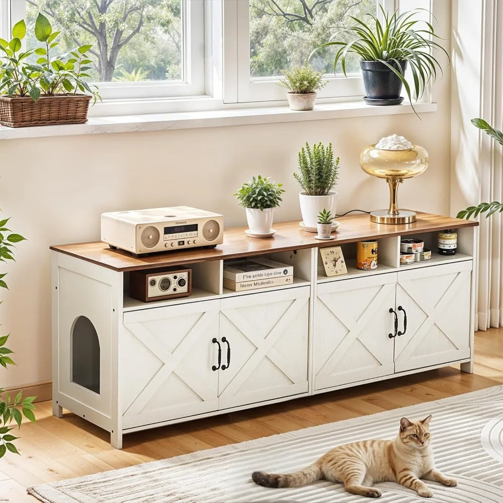 Double Cat Litter Box Enclosure for Two Cats with Outlet