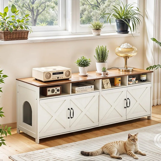 Double Cat Litter Box Enclosure for Two Cats with Outlet