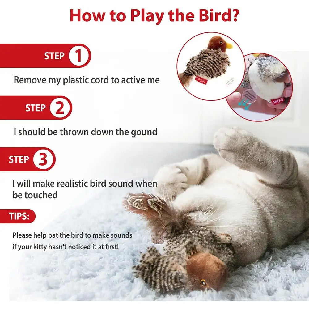 Interactive Cat Toy Bird Squeaky Chirping With Feather Tail