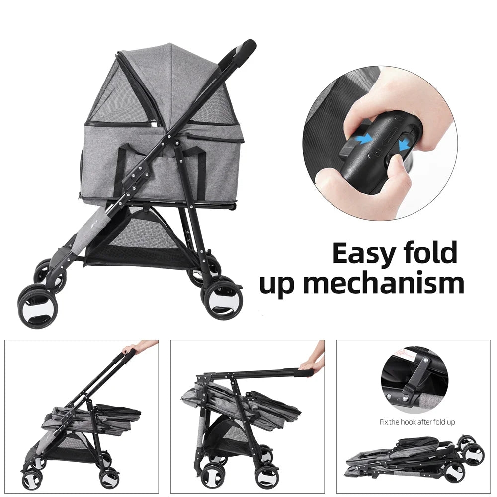 Foldable Pet Stroller With Spacious Storage Basket And Four Wheels