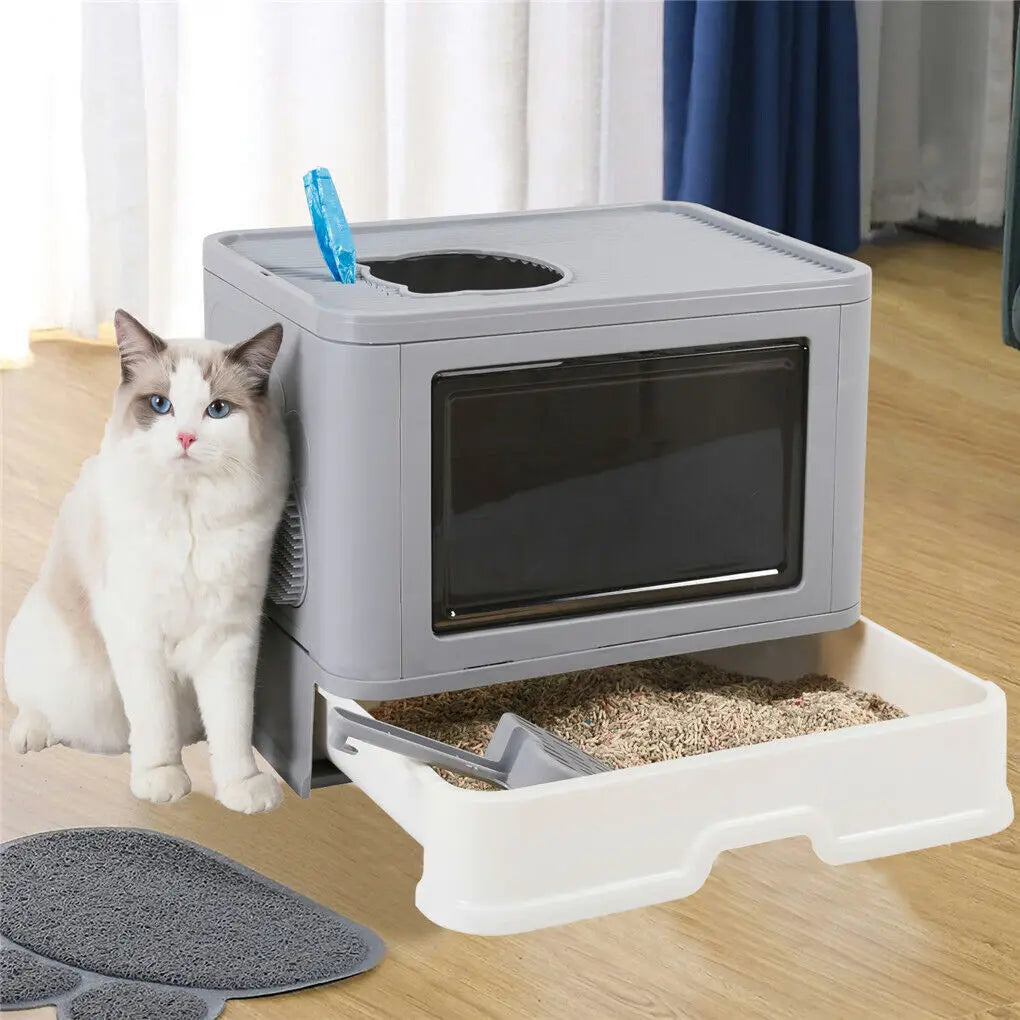 Foldable Cat Litter Box With Front Entry Top Exit Scoop