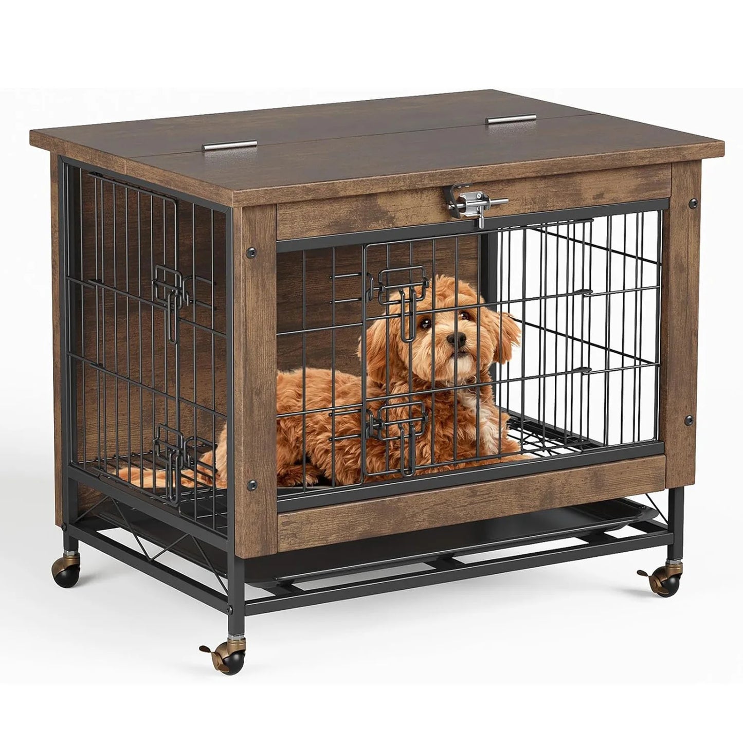 HiMISS Dog Crate Furniture With Wheels Dual Door Tray
