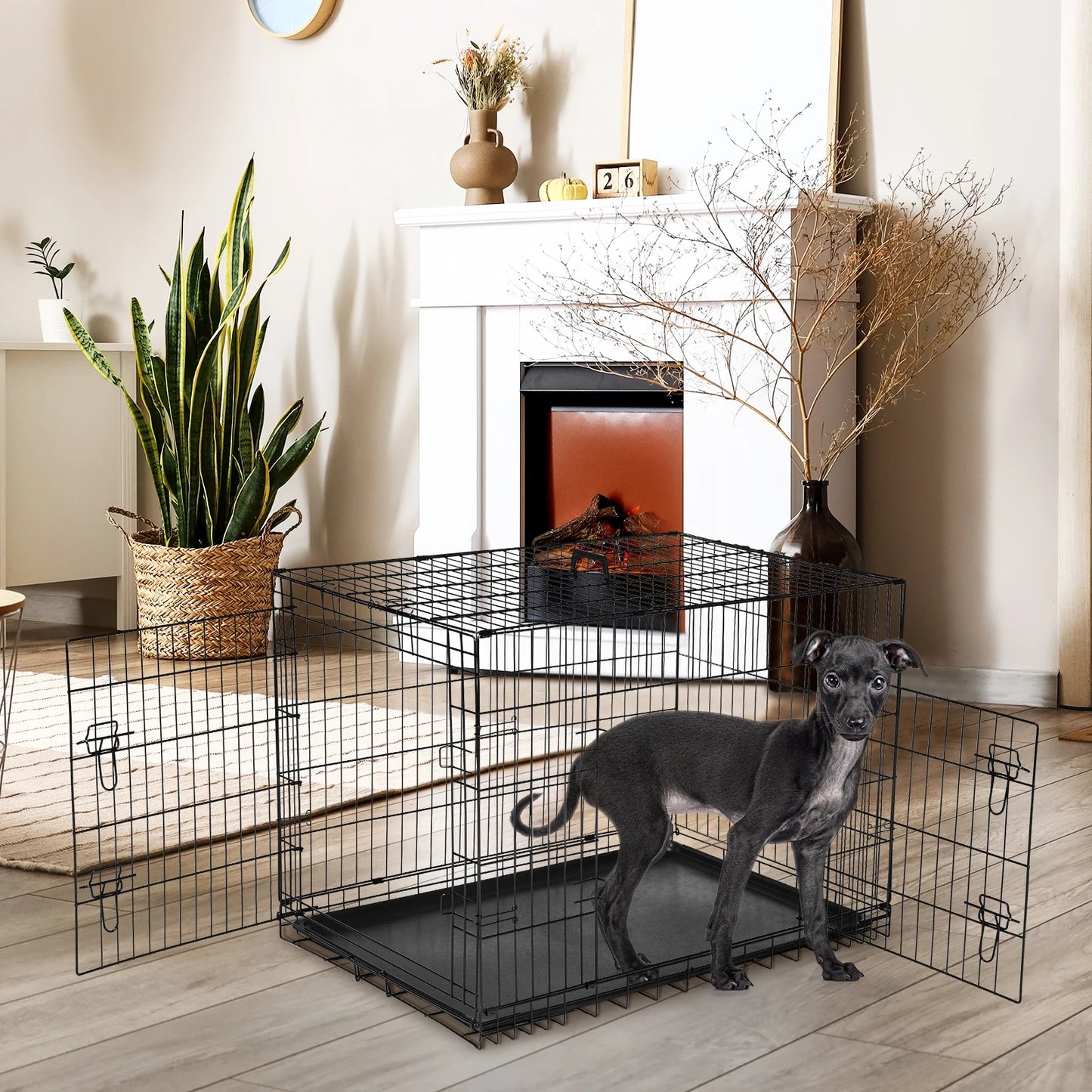 JHK Folding Metal Wire Dog Cage With Leak Proof Tray