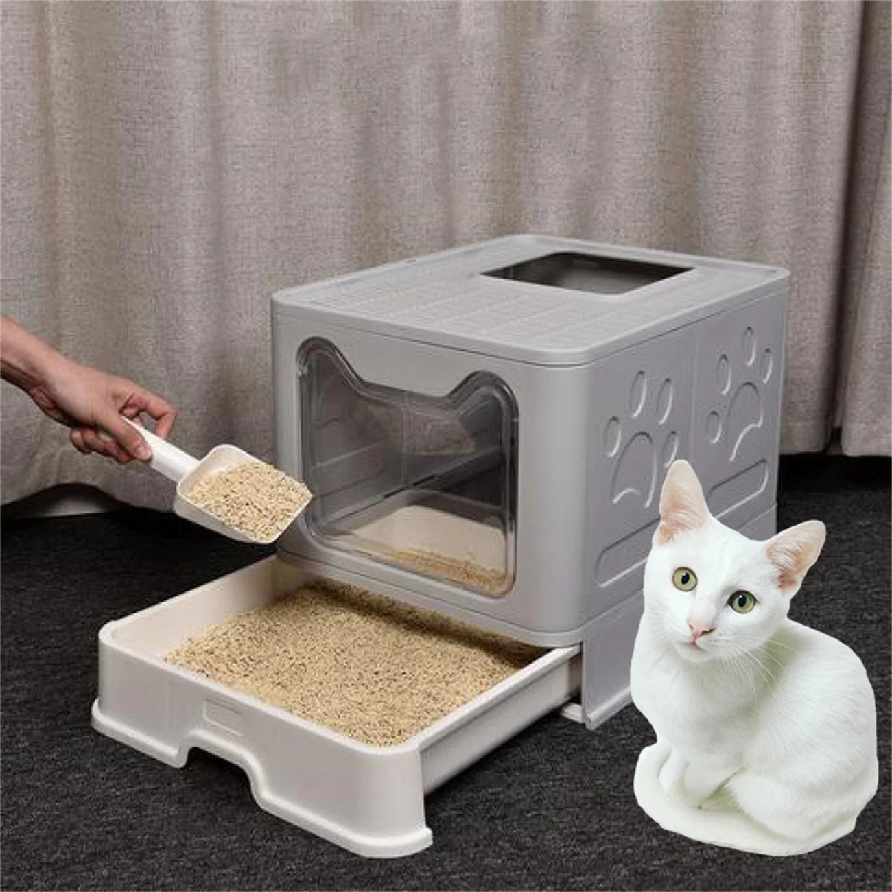 Foldable Cat Litter Box With Front Entry Top Exit Tray