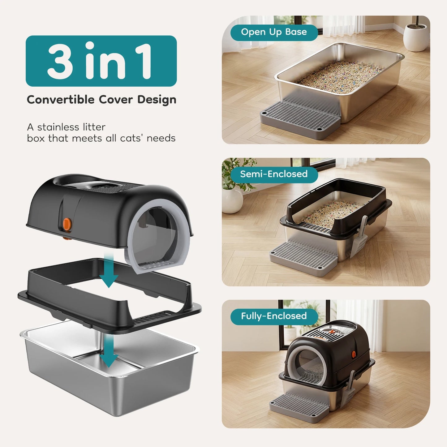 Durable Fully Enclosed Stainless Steel Cat Litter Box