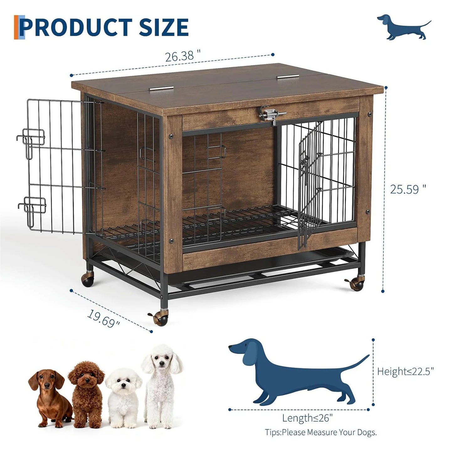 HiMISS Dog Crate Furniture With Wheels Dual Door Tray