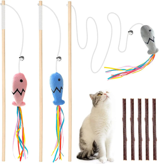 Cat Wand Toy Set 3pc Natural Wood Teasers With Silvervine