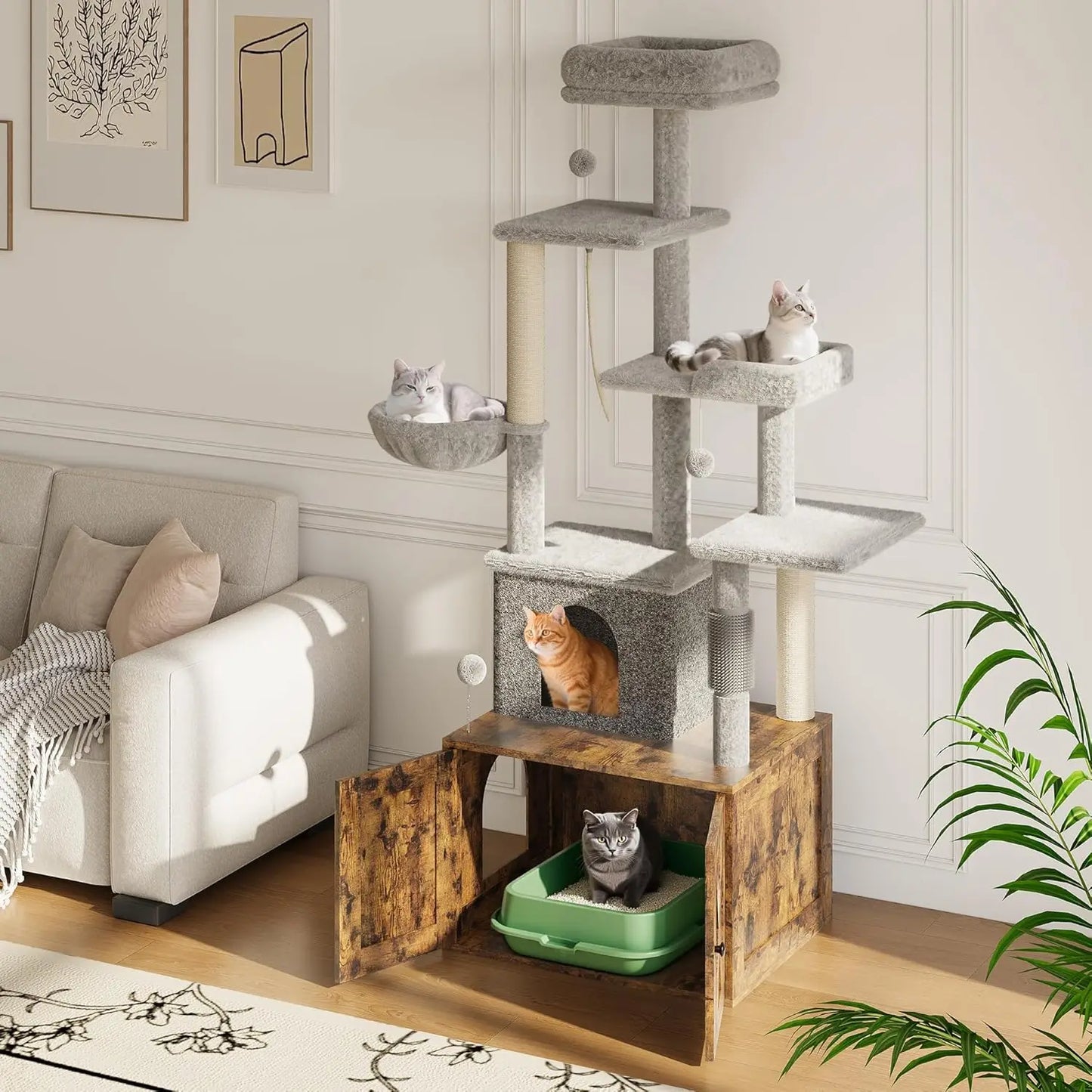 HiMISS Multi Level Cat Villa With Litter Box Scratching Post