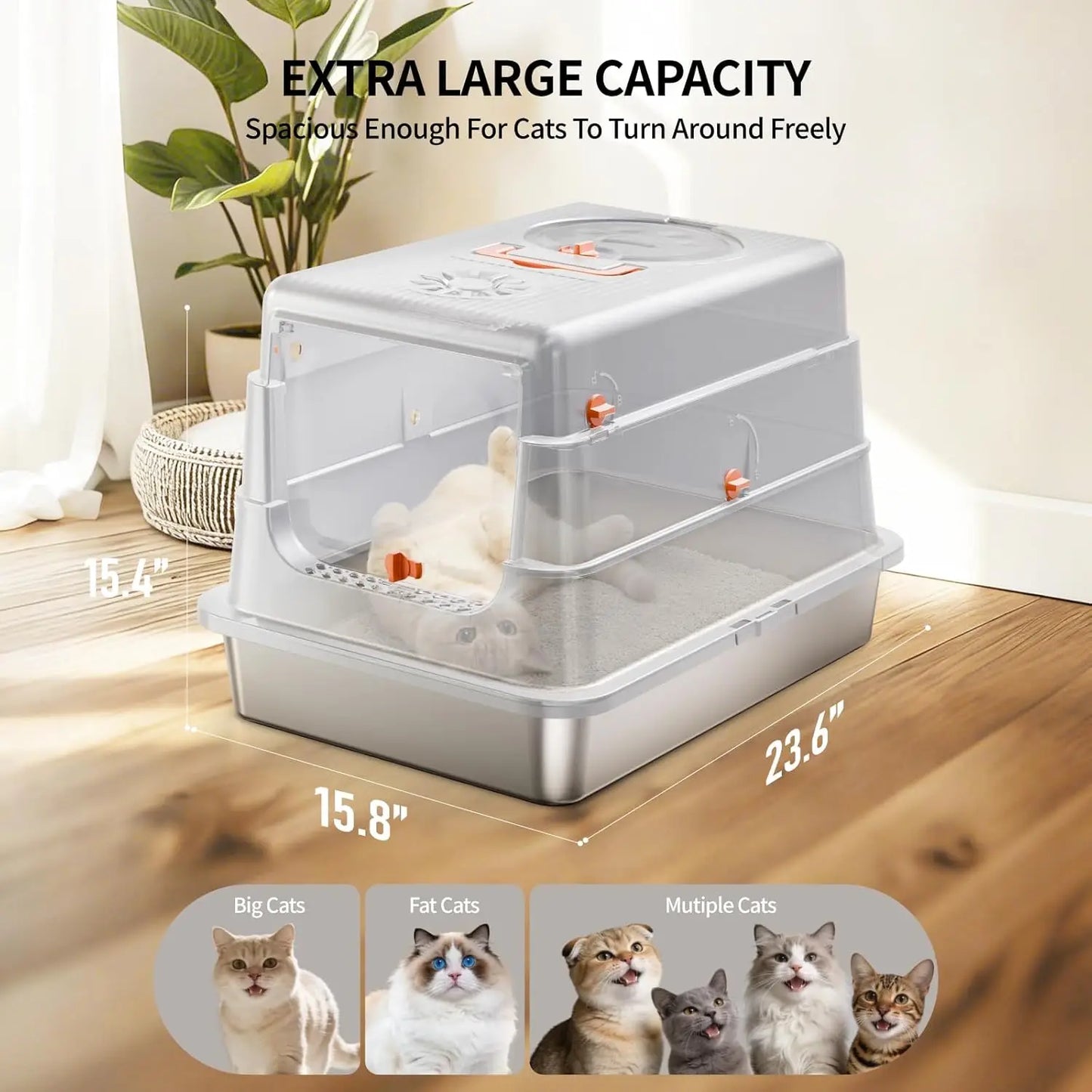 Stainless Steel Cat Litter Box High Sides Odor Control