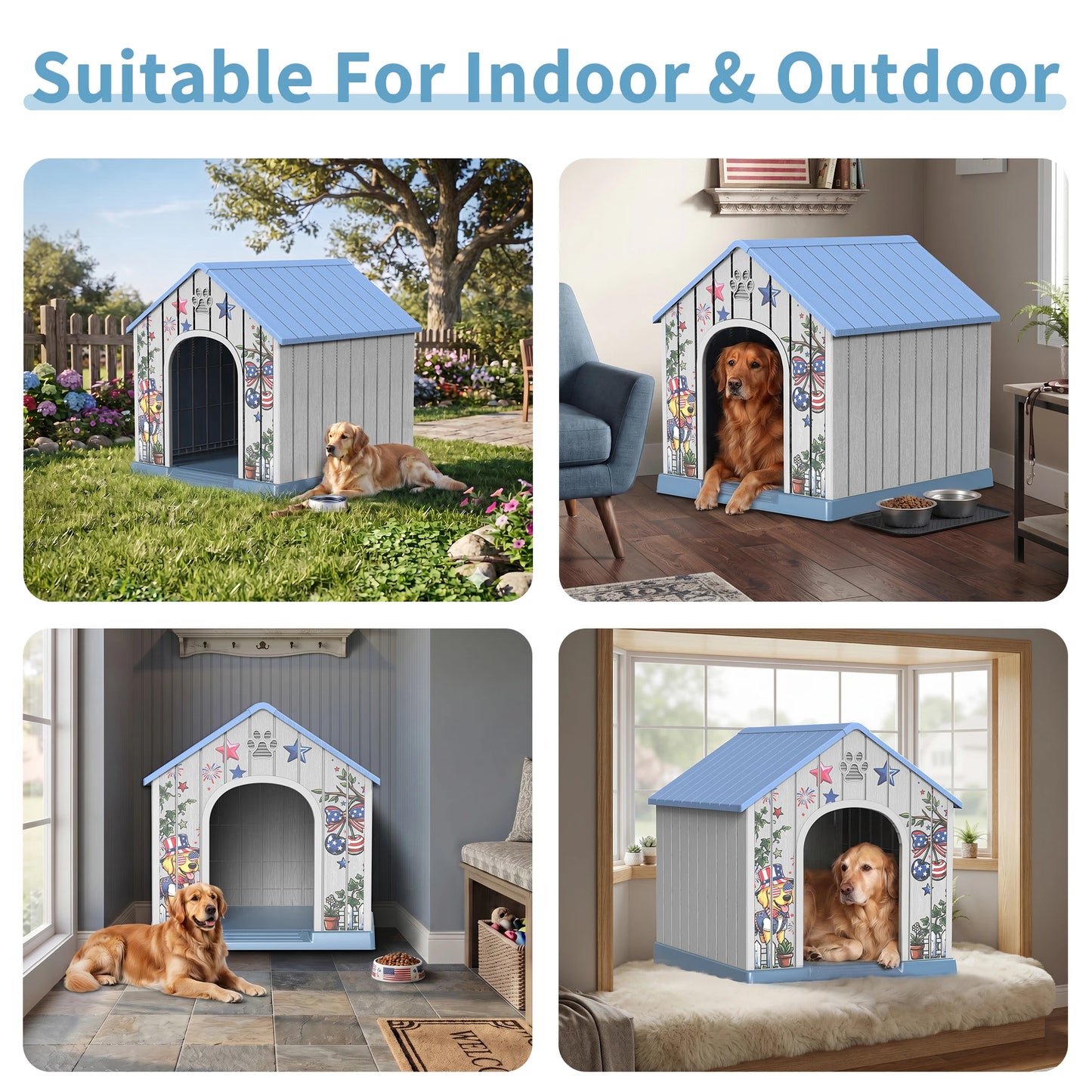 Weatherproof Outdoor Plastic Dog House With Printed Door