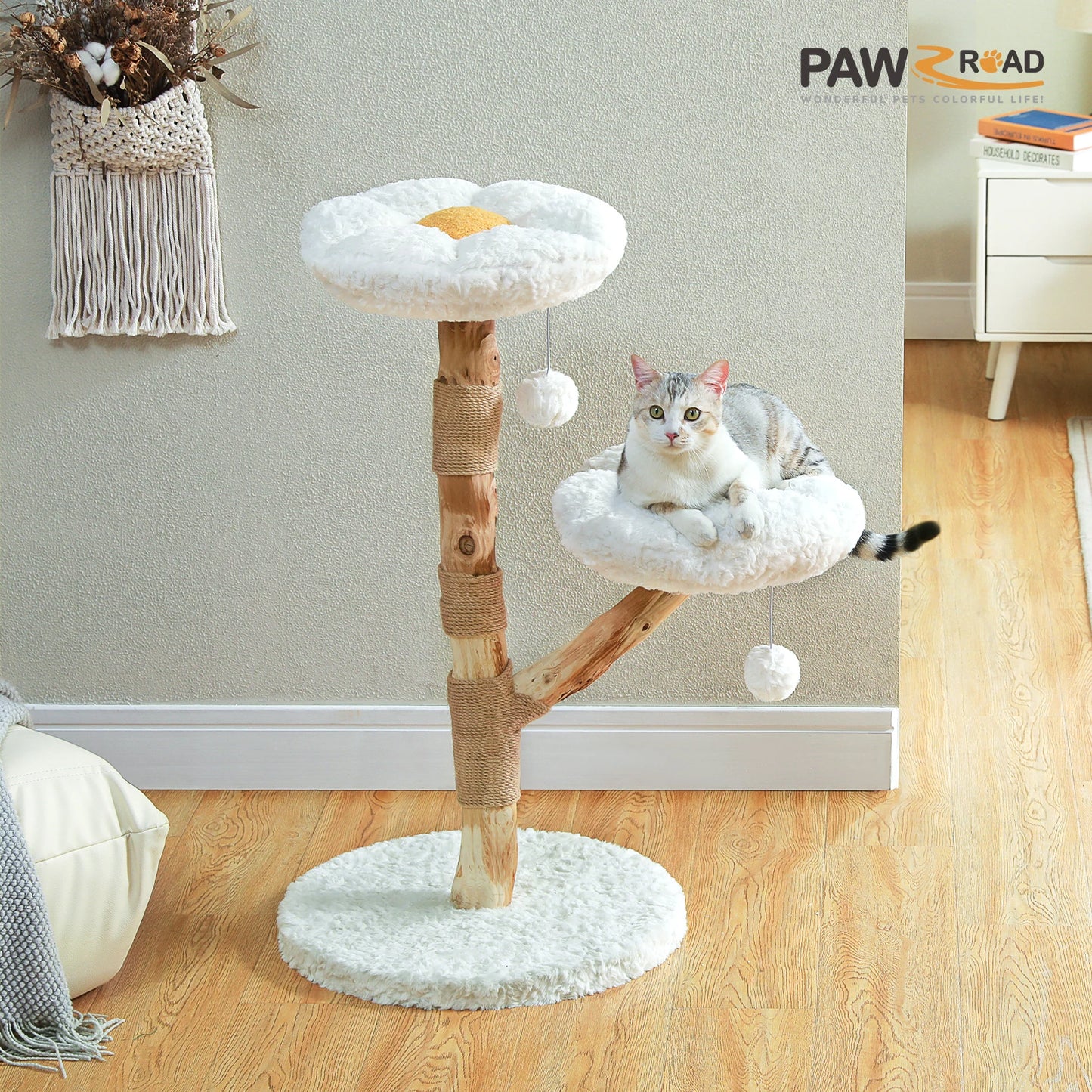 PAWZ Road Modern Cat Tree Tower With Natural Solid Wood Scratching Posts