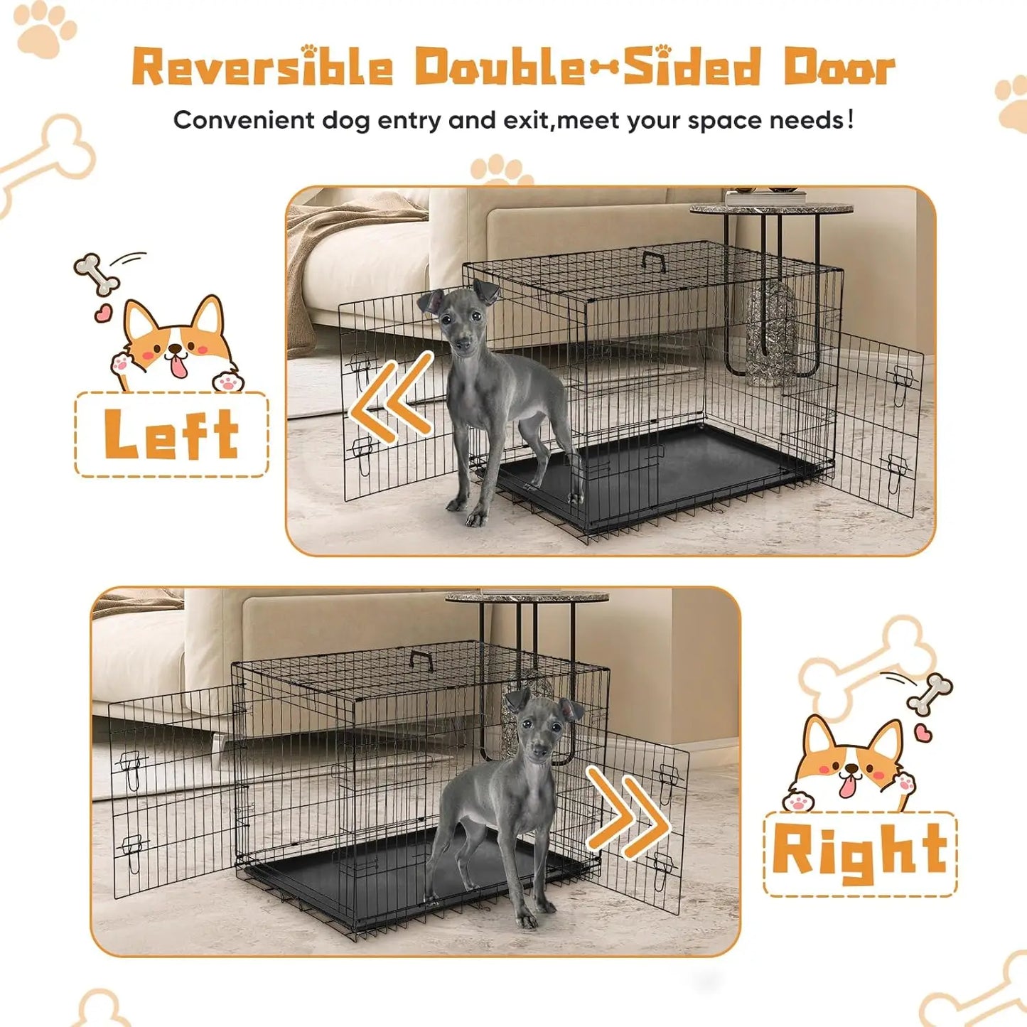 Double Door Dog Cage With Leak Proof Tray Folding Metal Kennel