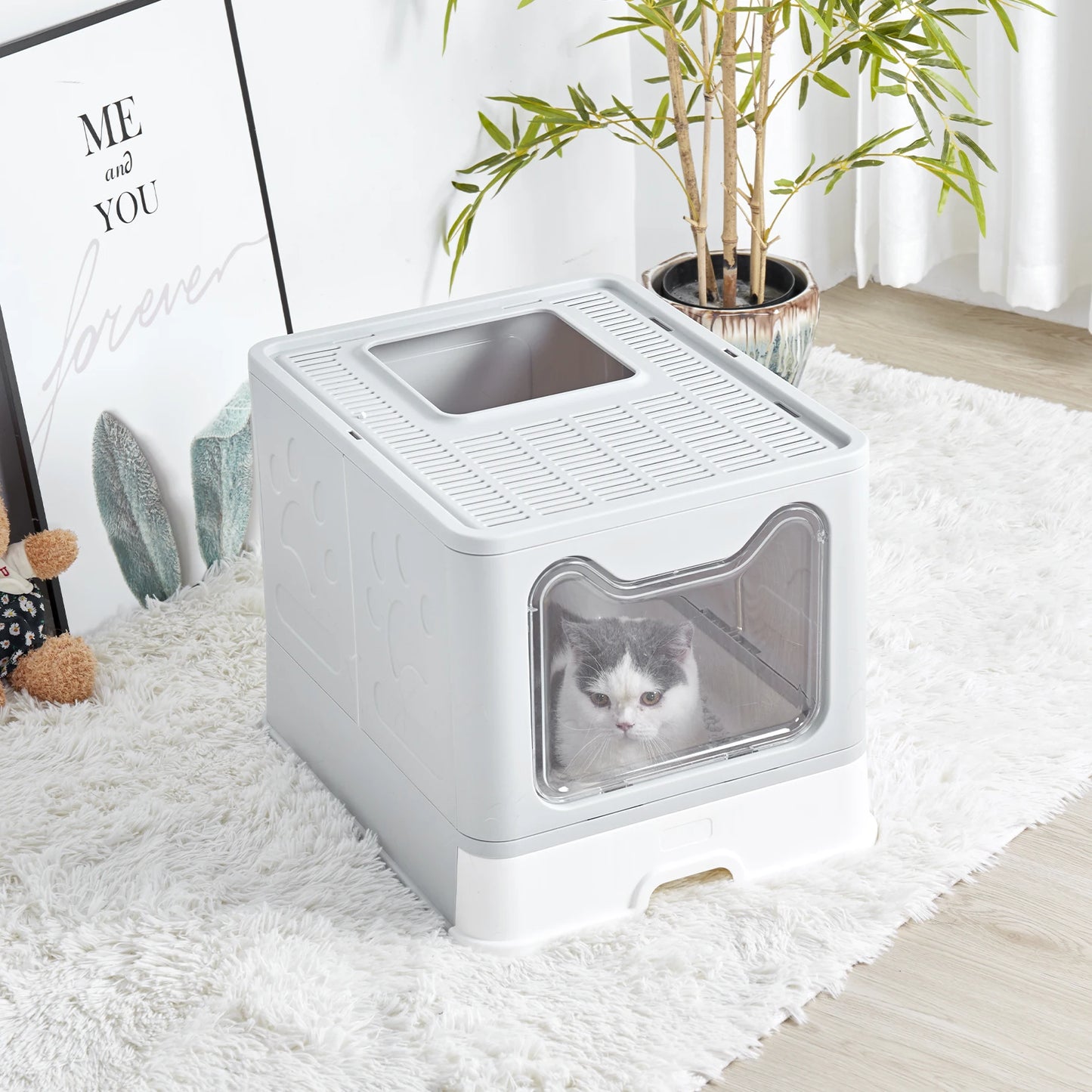 Foldable Cat Litter Box With Front Entry Top Exit Tray