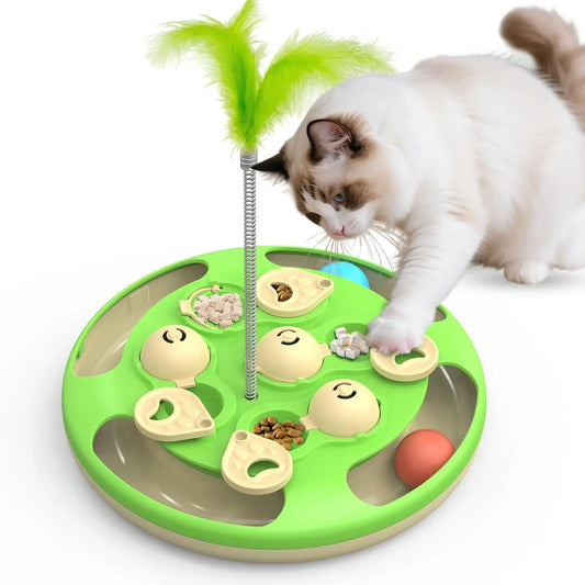 Interactive Cat Puzzle Toy With Track Balls Feather Teaser Treat Feeder
