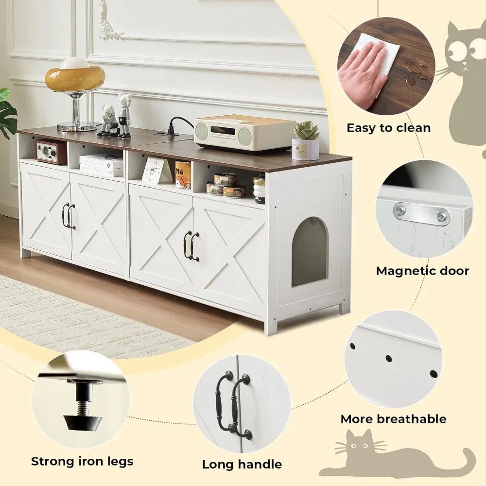 Double Cat Litter Box Enclosure for Two Cats with Outlet