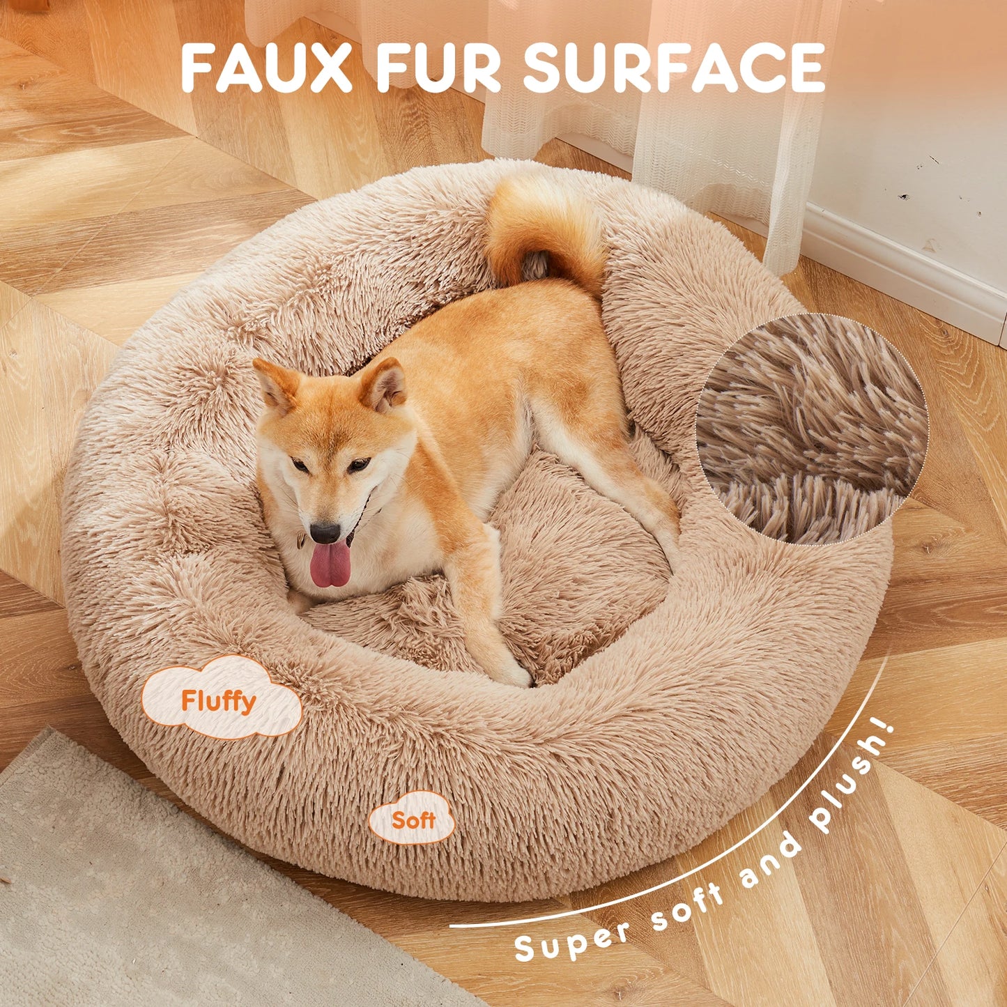 JHK Calming Plush Faux Fur Dog Bed Anti Slip Washable