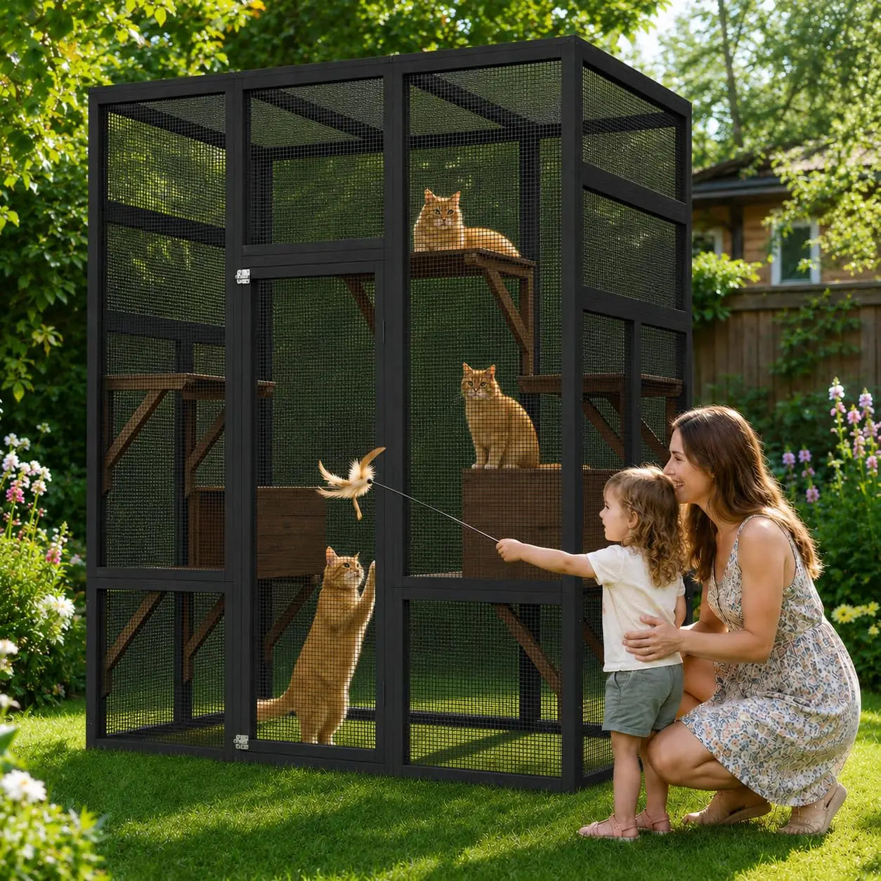 HiMISS Outdoor Catio Cat Enclosure Wooden House With Raised Platforms