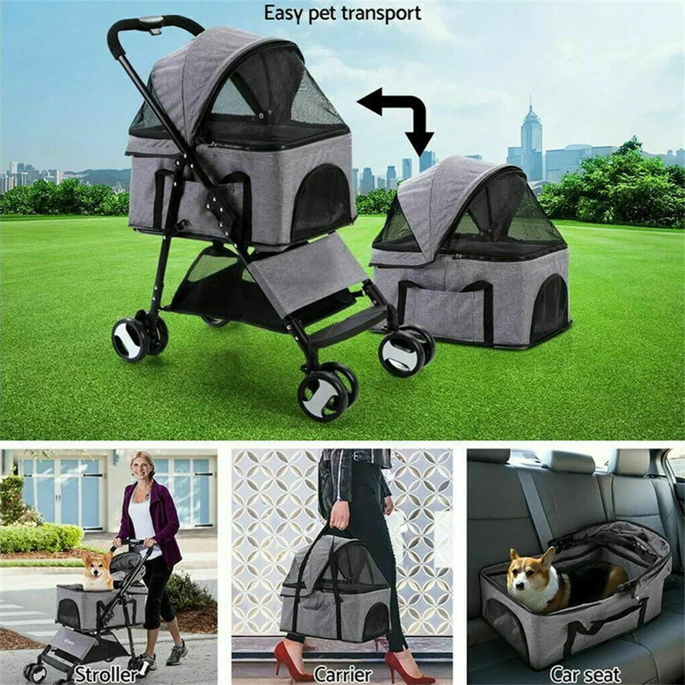 Foldable Pet Stroller With Spacious Storage Basket And Four Wheels