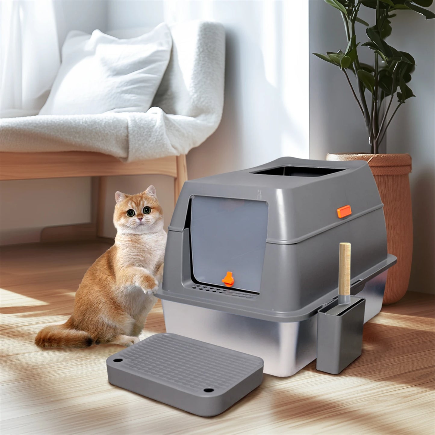 Enclosed Stainless Steel Cat Litter Box With Lid High Wall