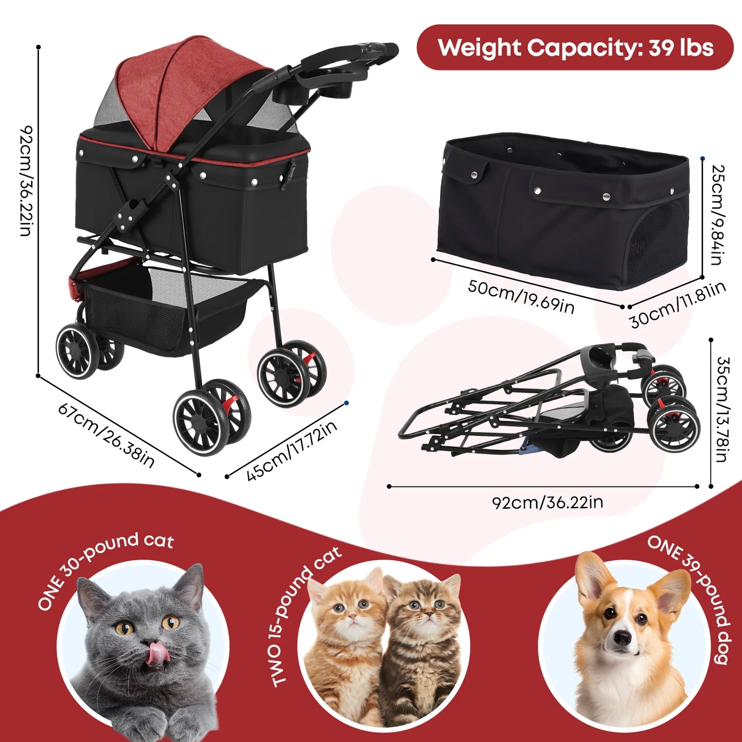 CHIHUAHUA Pet Stroller Foldable 3 Wheel Breathable Mesh Carrier