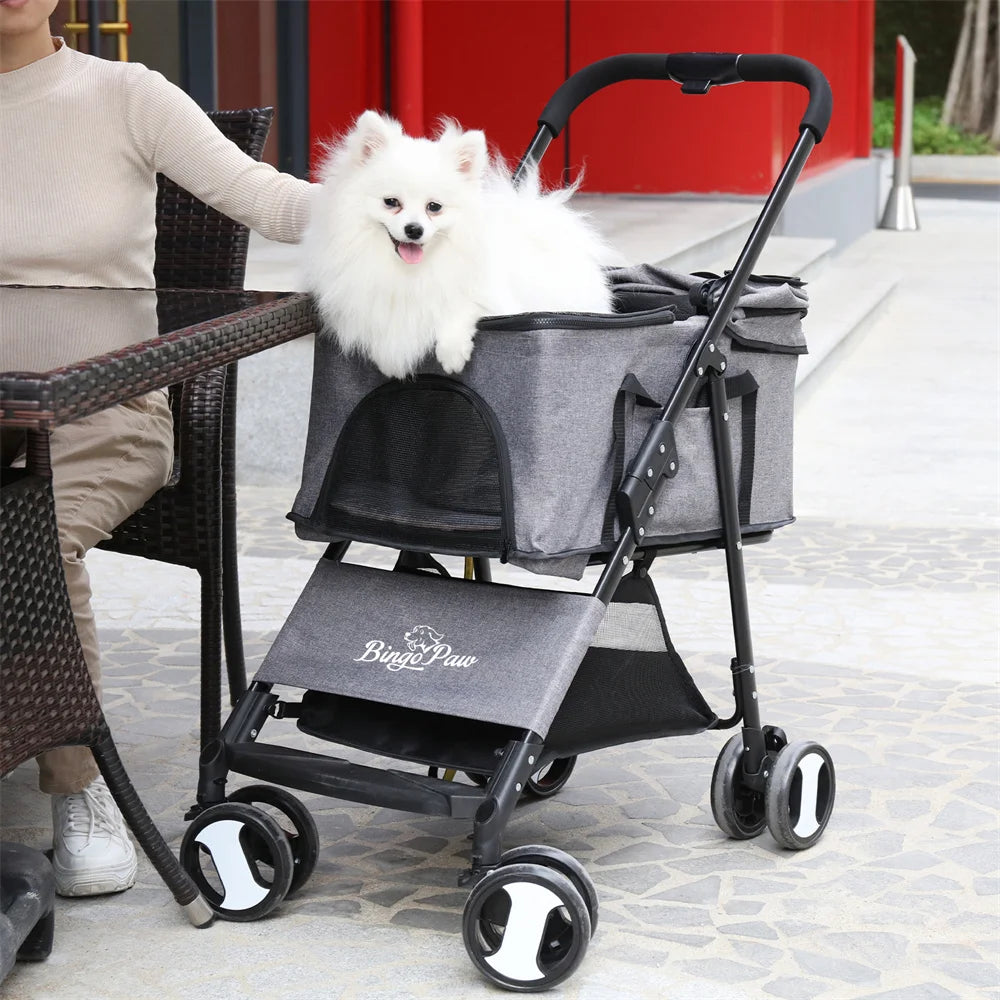 Foldable Pet Stroller With Spacious Storage Basket And Four Wheels