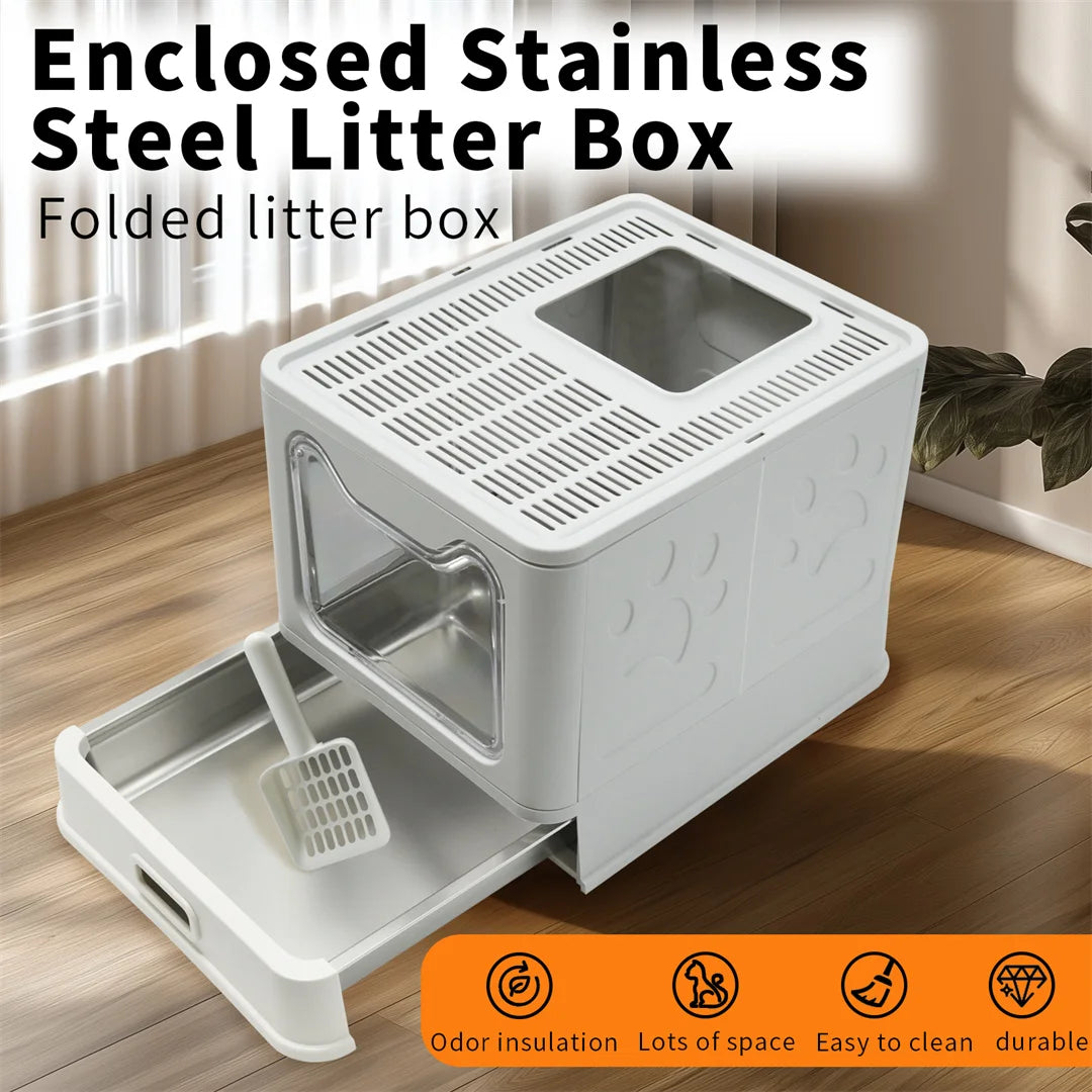 Detachable Enclosed Cat Litter Box With Stainless Steel Pan