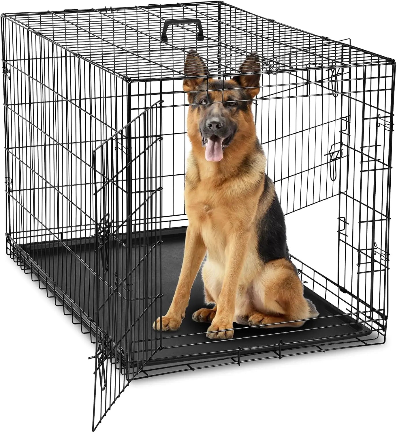 Double Door Dog Cage With Leak Proof Tray Folding Metal Kennel