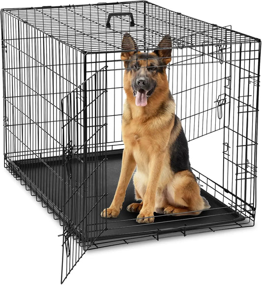 Double Door Dog Cage With Leak Proof Tray Folding Metal Kennel