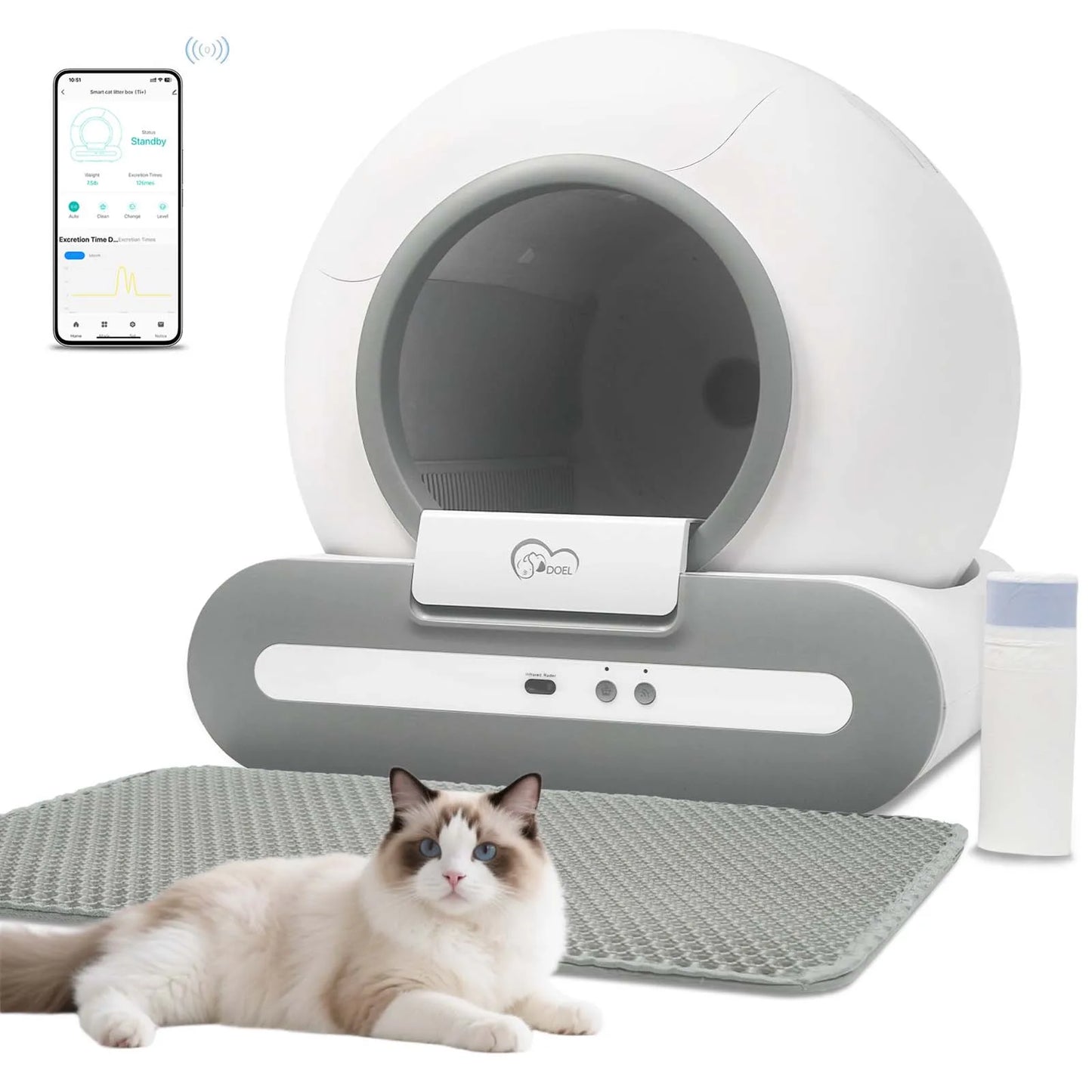 DOEL App Controlled Self Cleaning Cat Litter Box WiFi Enabled