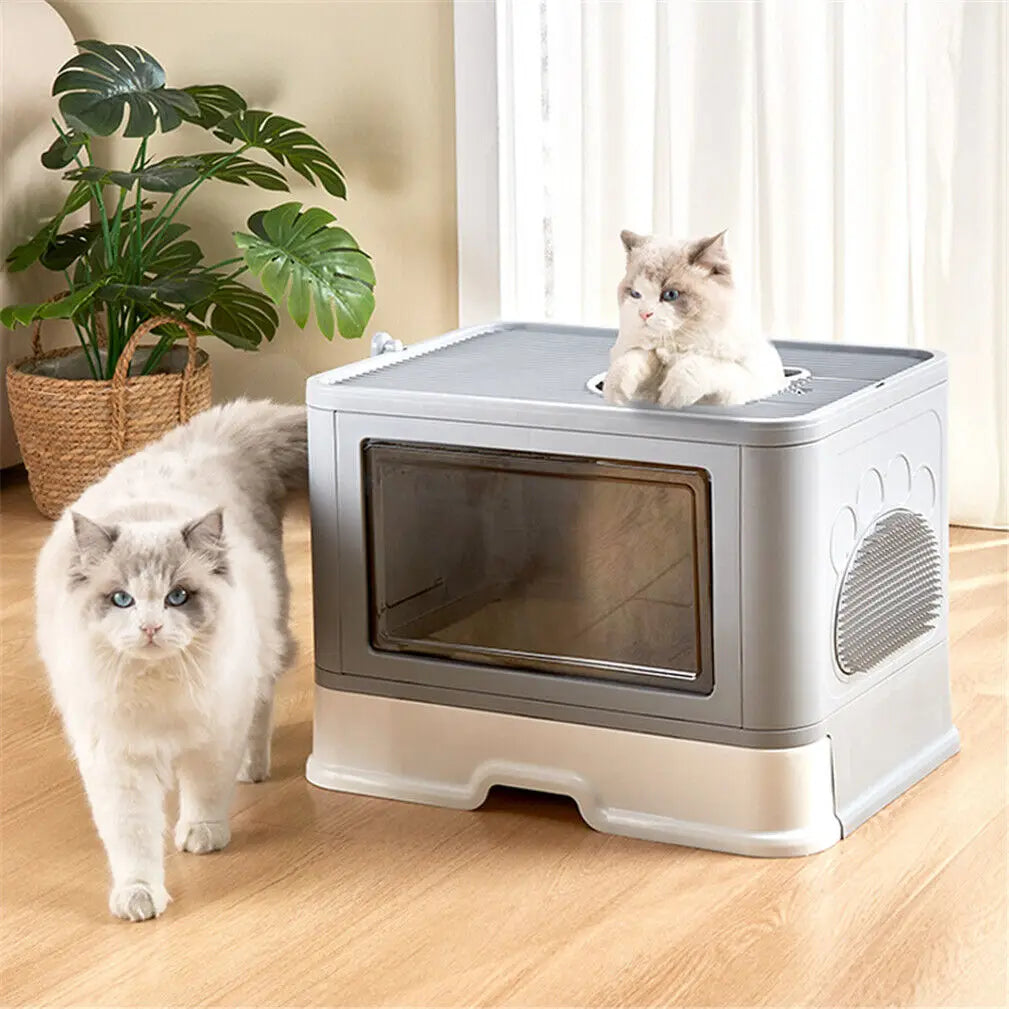 Foldable Cat Litter Box With Front Entry Top Exit Scoop