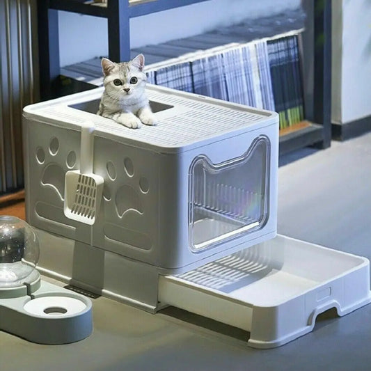 Front Entry Cat Litter Tray With Scoop And Drawer Hooded Foldable