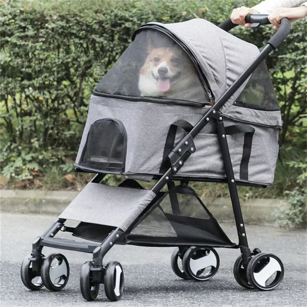 Foldable Pet Stroller With Spacious Storage Basket And Four Wheels
