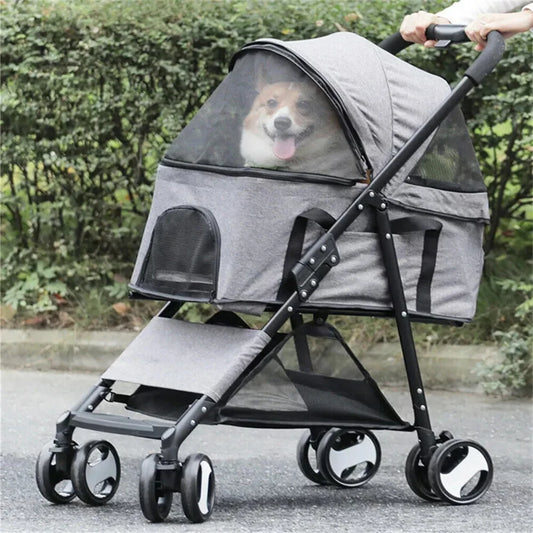 Foldable Pet Stroller With Spacious Storage Basket And Four Wheels