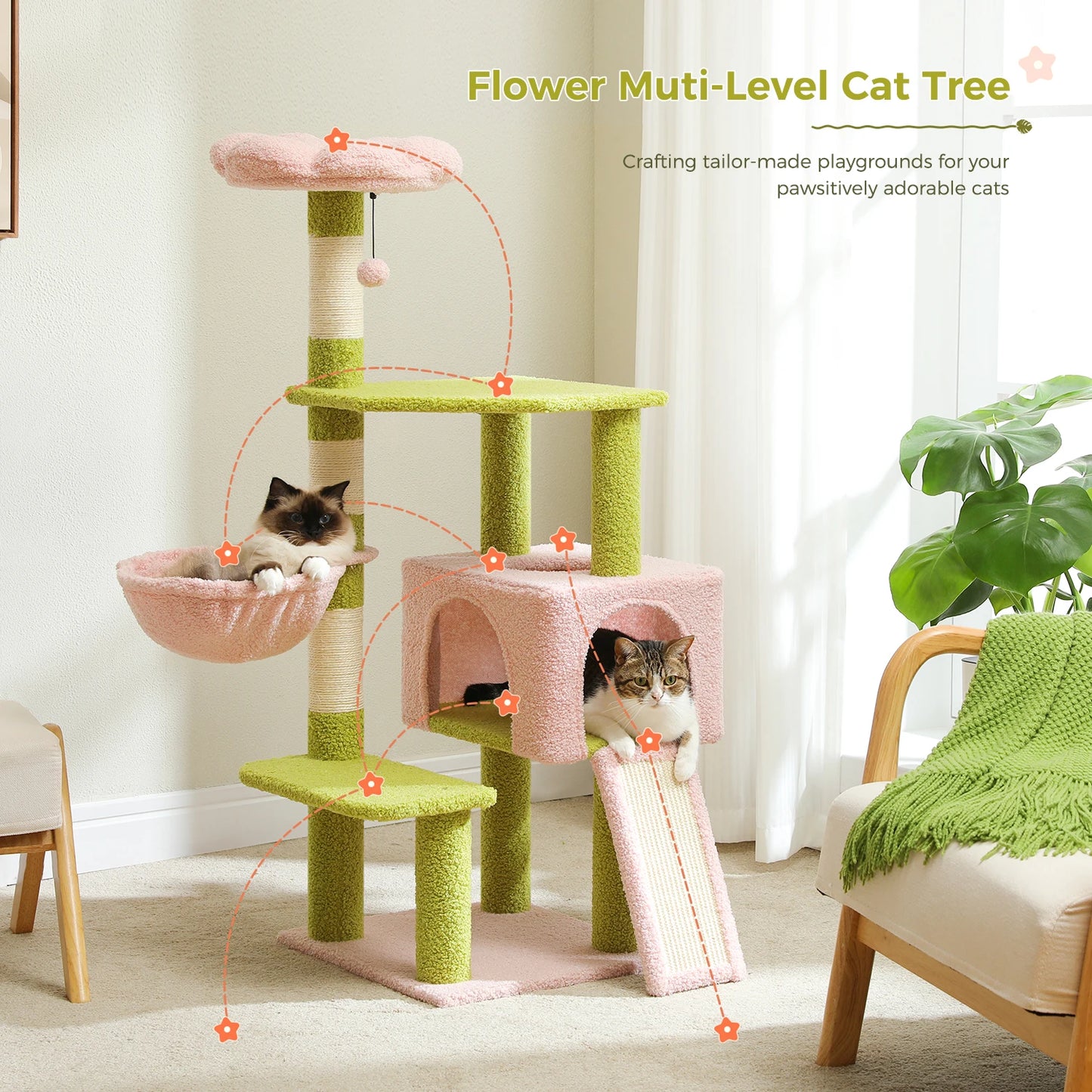 PEQULTI Flower Cat Tree Multi Level Cat Tower With Scratching Posts Hammock Ramp