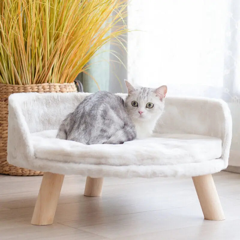 Luxury Plush Cat Bed With Wood Legs And Cushion