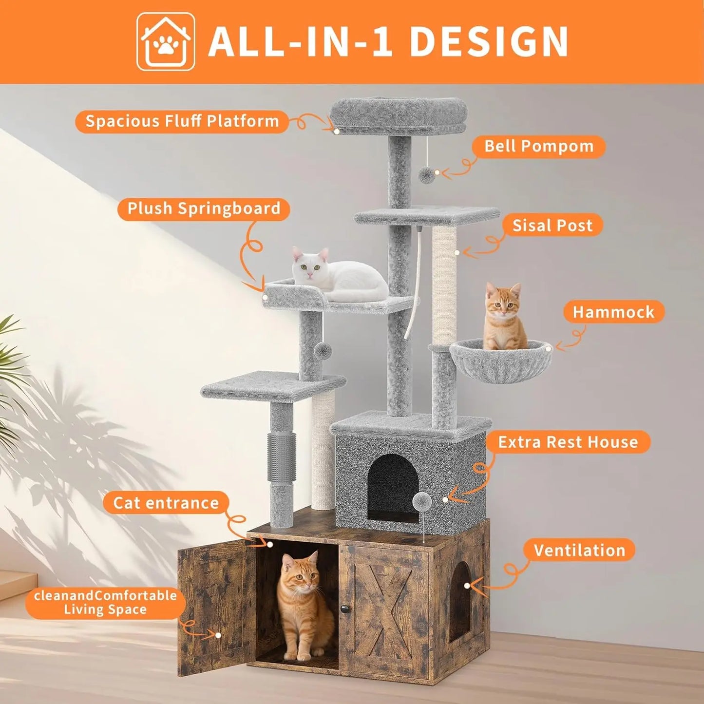 HiMISS Multi Level Cat Villa With Litter Box Scratching Post