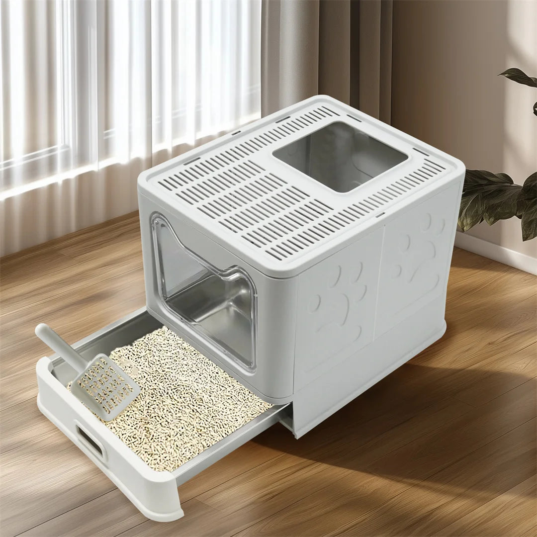 Detachable Enclosed Cat Litter Box With Stainless Steel Pan