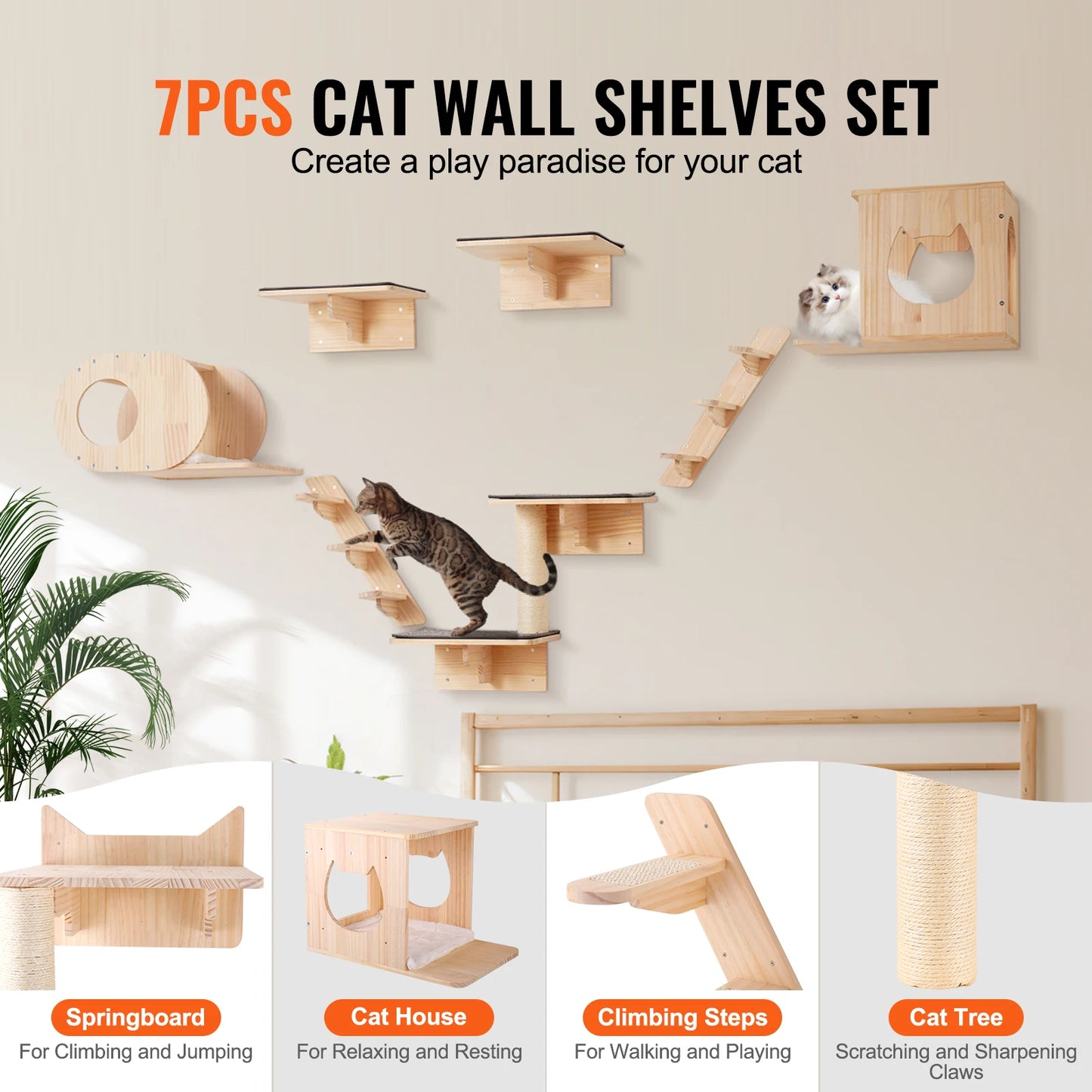 SucceBuy Wall Mounted Cat Shelves And Cat Tree With Hammocks