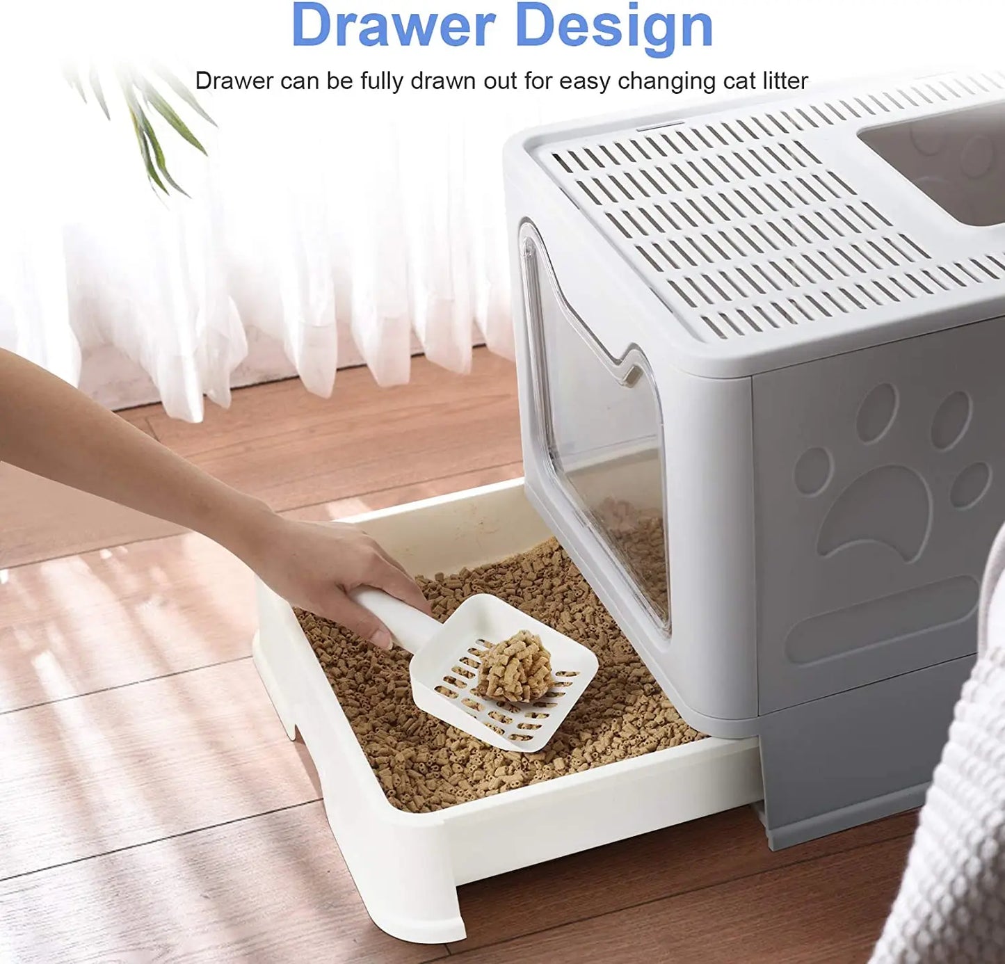 Front Entry Cat Litter Tray With Scoop And Drawer Hooded Foldable